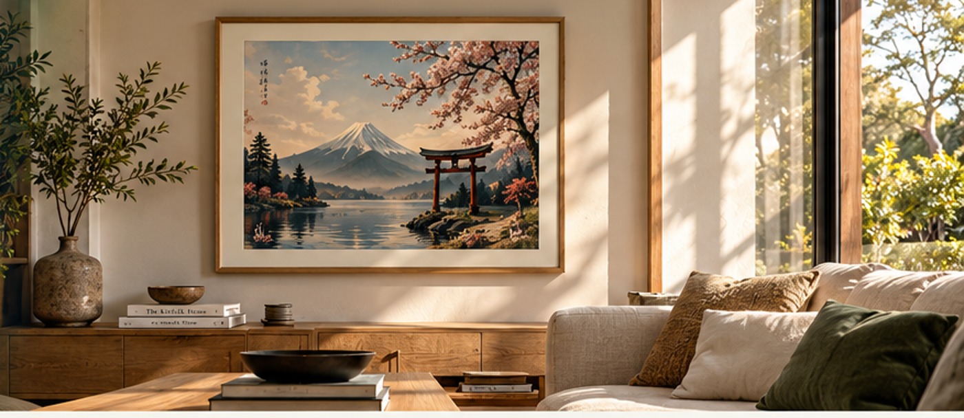 Three photorealistic rooms with framed artworks in different sizes and positions