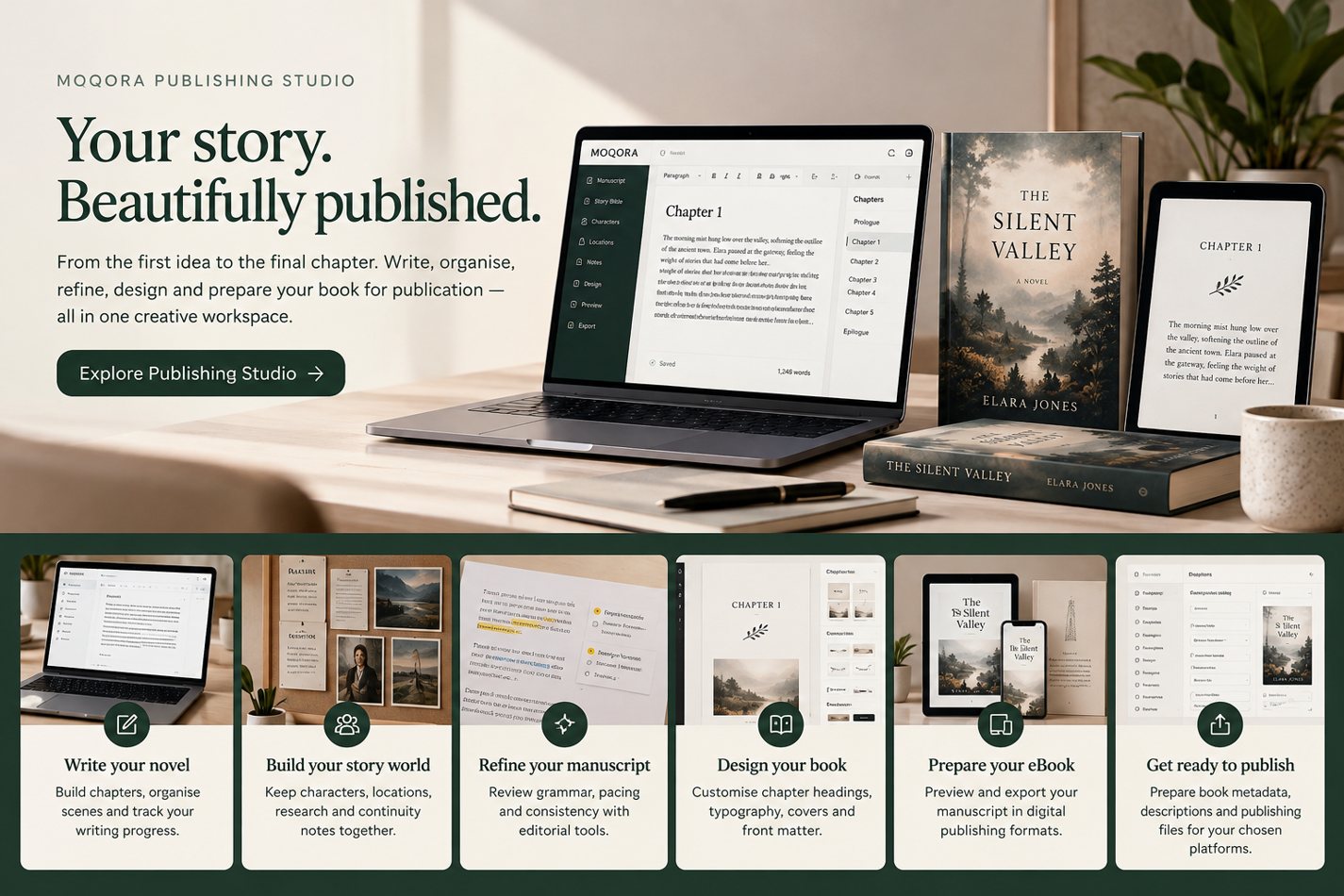 Complete modern publishing concept image featuring a laptop, printed novel and e-reader